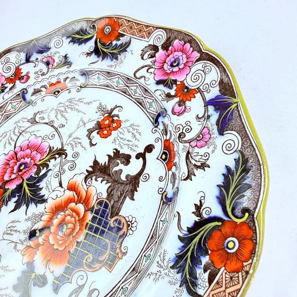 Cauldon England Antique Porcelain‎ Floral Imari Scalloped Plate Pink Orange Blue